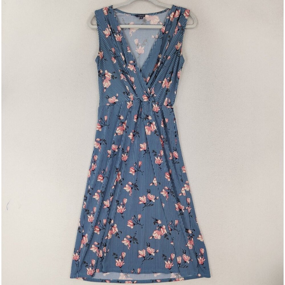 Modcloth Dress Womens Small Blue Pink Floral Striped A Line Midi Sleeveless